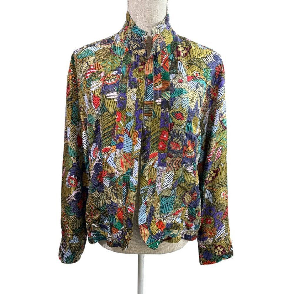 Chico's Silk Jacket Lightweight Open Front Sz 2/ L  Abstract Artsy Patchwork